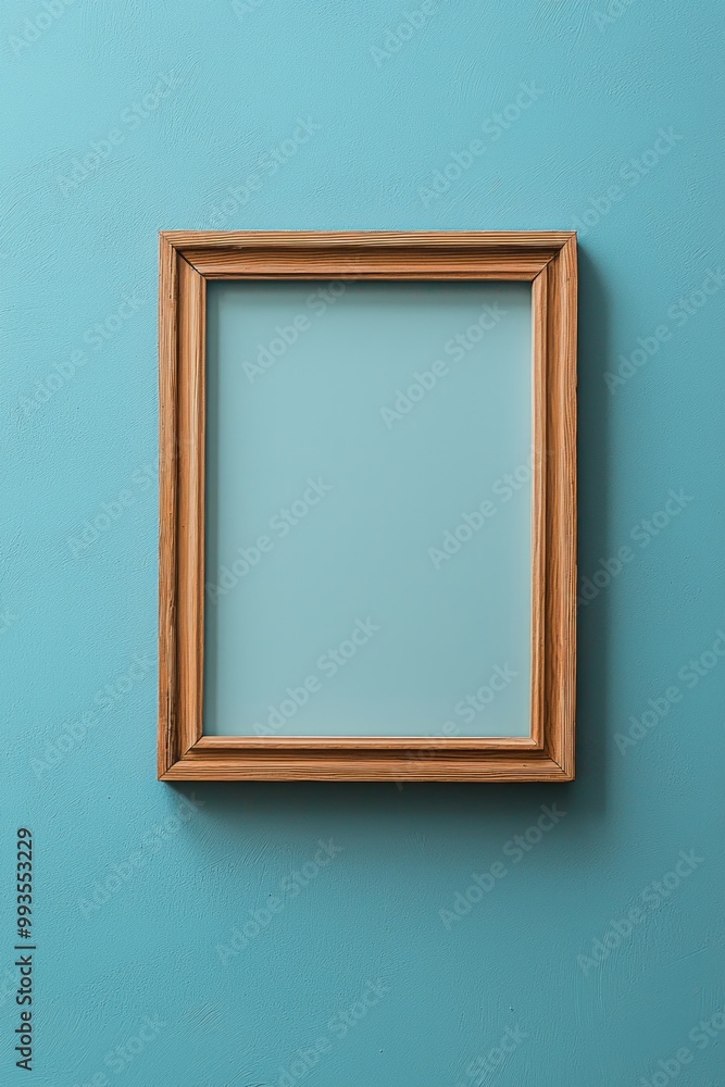 A pastel blue background with a simple wooden frame in the center, its blankness contrasting the softness of the color. A pastel blue background with a simple wooden frame in the center, its blankness contrasting the softness of the color.