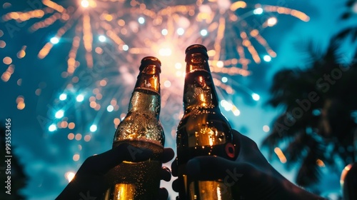 Cheers to Celebration: Beer Bottles Against a Dazzling Fireworks Display