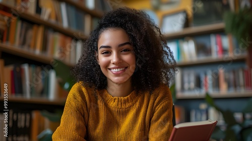 Mixed-race student in a wheelchair, happily reading in a modern library, surrounded by books, celebrating diversity and inclusive education