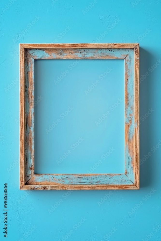 A pastel blue background with a simple wooden frame in the center, its blankness contrasting the softness of the color. A pastel blue background with a simple wooden frame in the center, its blankness contrasting the softness of the color.