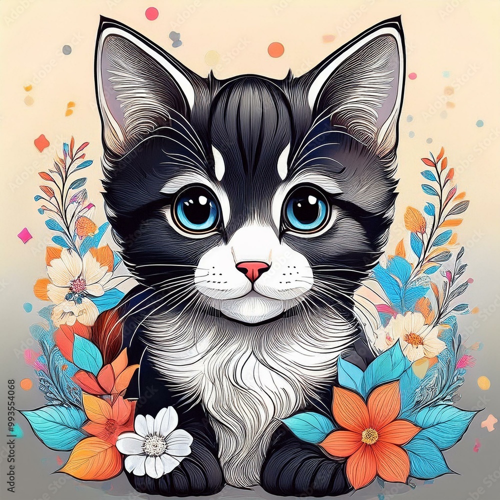 Black and White Kitten with Blue Eyes surrounded by Flowers Black and White Kitten with Blue Eyes surrounded by Flowers