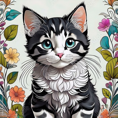 Black and White Kitten with Blue Eyes surrounded by Flowers