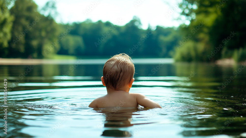 Fototapeta premium Young child enjoying a peaceful swim in a calm lake surrounded by lush greenery, serene and carefree outdoor summer activity for families