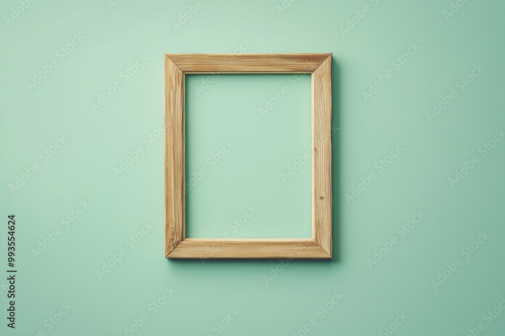 A pastel green background with a simple wooden frame in the center, its blankness contrasting the softness of the color. A pastel green background with a simple wooden frame in the center, its blankness contrasting the softness of the color.