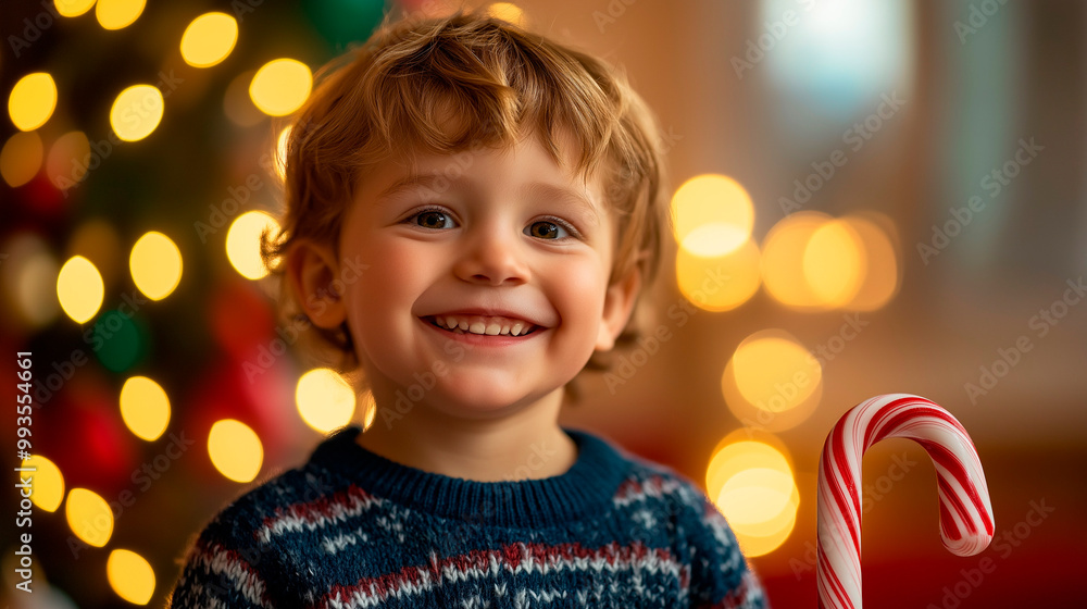 Happy young boy smiling while holding a candy cane with Christmas lights in the background, festive holiday childhood joy Happy young boy smiling while holding a candy cane with Christmas lights in the background, festive holiday childhood joy