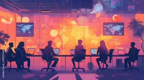 A vibrant illustration of diverse people working together in an open office, surrounded by digital screens displaying global maps