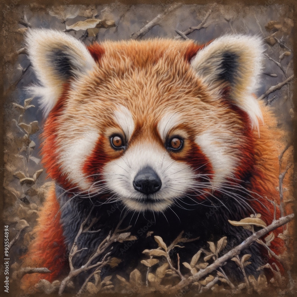 A close-up of a red panda amidst branches and foliage. A close-up of a red panda amidst branches and foliage.