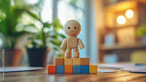 Wooden figure on top of colorful blocks signaling success and leadership. photo