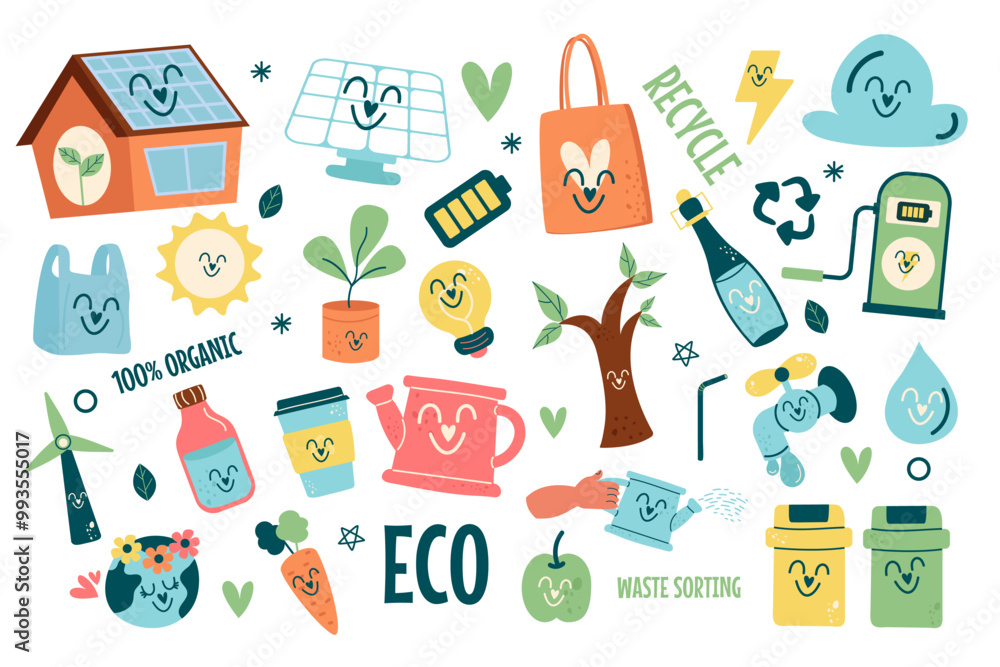 Collection kawaii eco friendly cute elements flat design Collection kawaii eco friendly cute elements flat design