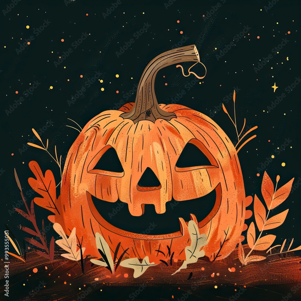 Flat lay Illustration of a spooky Halloween pumpkin, Halloween elements, Happy Halloween Flat lay Illustration of a spooky Halloween pumpkin, Halloween elements, Happy Halloween