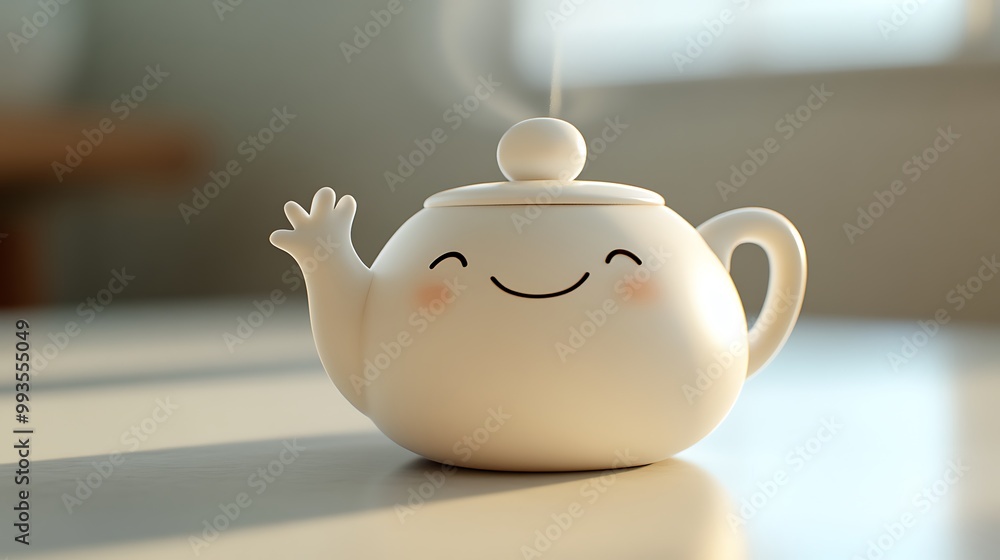 A cheerful teapot with a smiling face, steam rising from the spout, sits on a table in a sunlit room. A cheerful teapot with a smiling face, steam rising from the spout, sits on a table in a sunlit room.