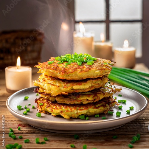 Perfectly Fried Latkes Topped with Chopped Green Onions photo