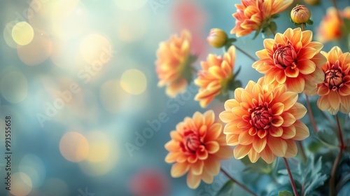 Bright flowy dahlia flowers in fire colors with plenty of negative space