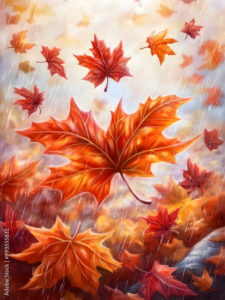 Vibrant Autumn Landscape with Soft Falling Maple Leaves in Impressionistic Style Vibrant Autumn Landscape with Soft Falling Maple Leaves in Impressionistic Style