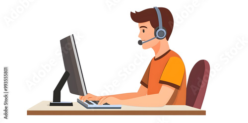 Young man working in customer service wearing a headset flat illustration isolated on background