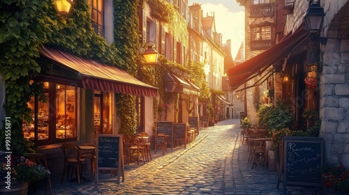 Charming Cobblestone Street in European Village at Sunset