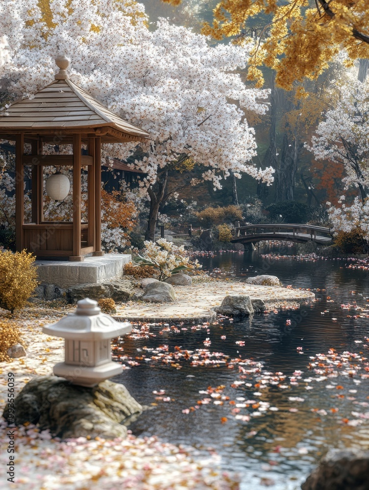 Obraz premium Tranquil Japanese Garden with Cherry Blossoms and Pond