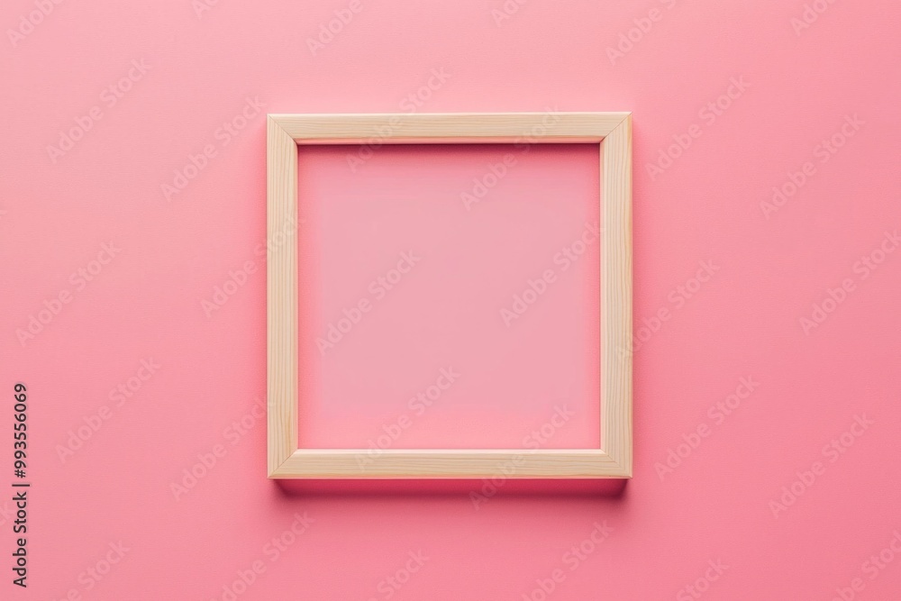 A pastel pink background with a simple wooden frame in the center, its blankness contrasting the softness of the color. A pastel pink background with a simple wooden frame in the center, its blankness contrasting the softness of the color.