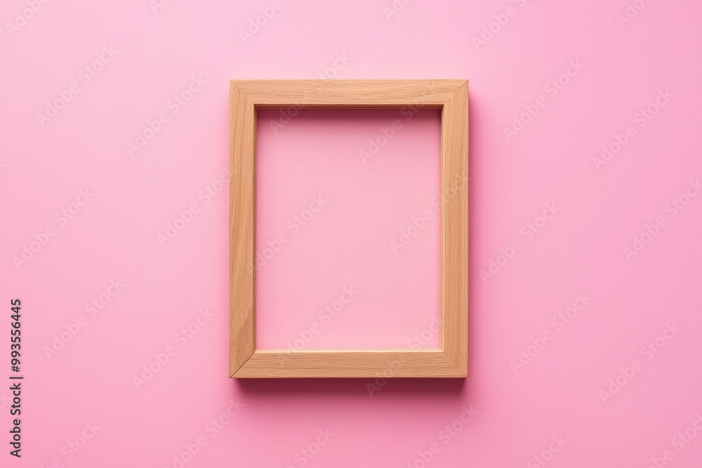 A pastel pink background with a simple wooden frame in the center, its blankness contrasting the softness of the color. A pastel pink background with a simple wooden frame in the center, its blankness contrasting the softness of the color.