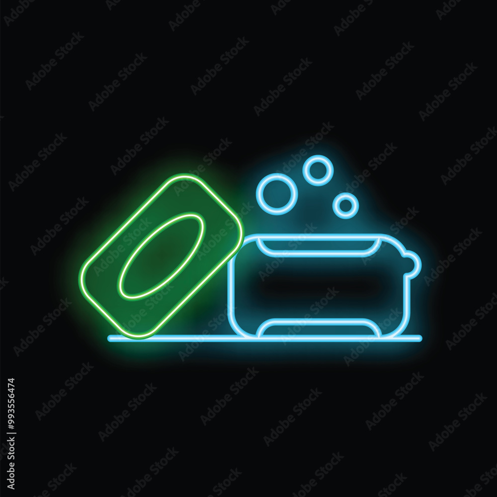 Glowing neon sign representing a bar of soap and a bathtub full of water with bubbles, concept of hygiene and cleanliness Glowing neon sign representing a bar of soap and a bathtub full of water with bubbles, concept of hygiene and cleanliness