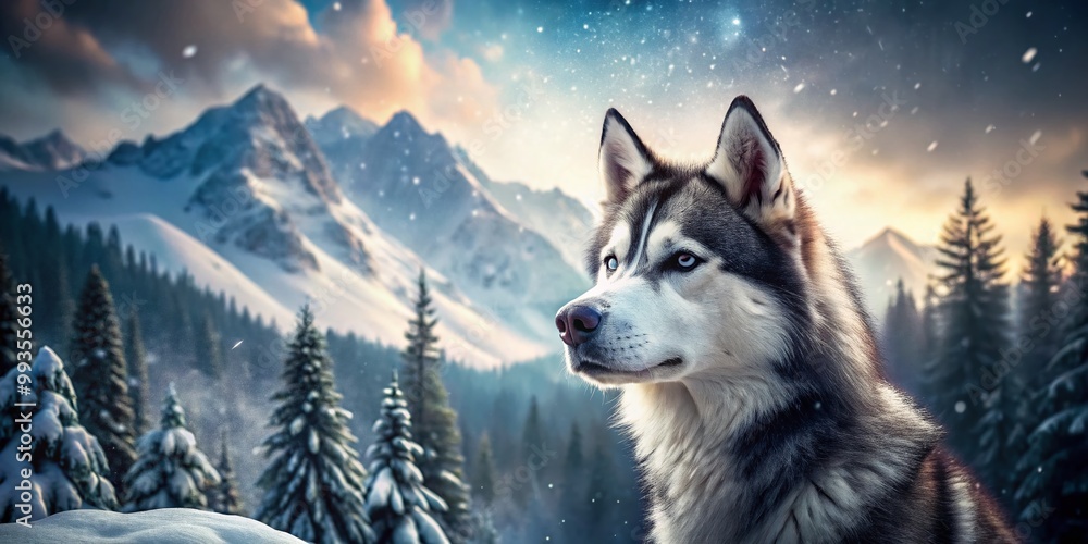 Naklejka premium Stunning Digital Art of a Majestic Husky in a Winter Wonderland with Snow-Covered Trees and Mountains