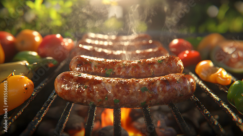 Sausages sizzling on a grill with vegetables and smoke rising around them.