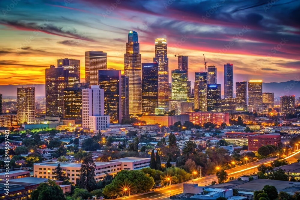 Obraz premium Stunning Evening View of LA Downtown Skyline with Vibrant City Lights and Majestic Skyscrapers