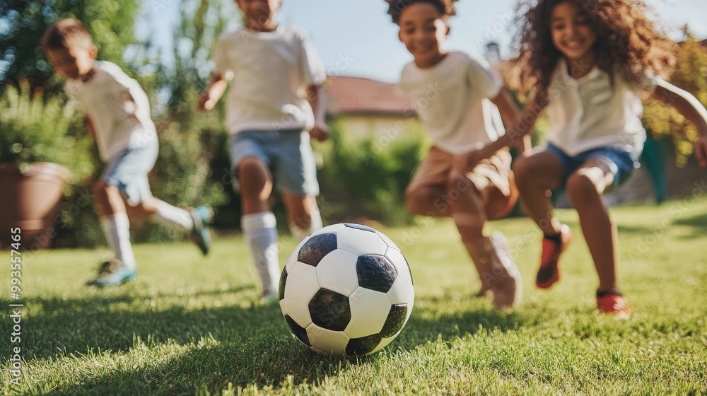 Fototapeta premium Children playing soccer joyfully in a sunny backyard during afternoon in summer with a focus on a rolling ball