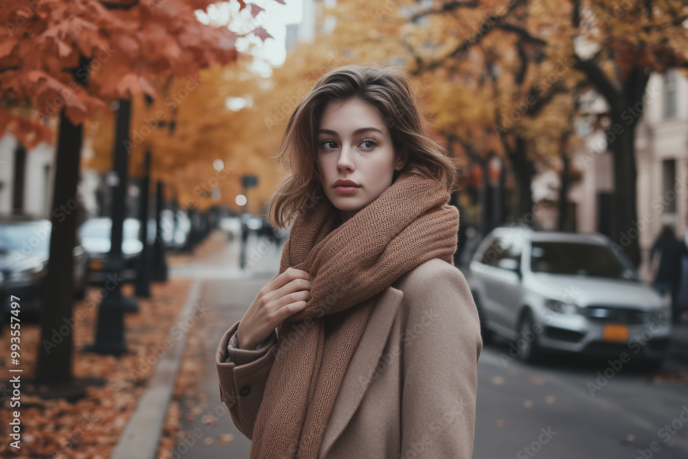 Fototapeta premium Stylish young woman in a cozy autumn outfit walking down a tree-lined street with vibrant fall colors, capturing the essence of seasonal urban fashion