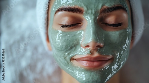 A woman with her eyes closed has a green face mask on.