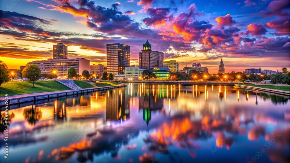 Fototapeta premium Stunning Flint Skyline at Dusk with Vibrant City Lights and Reflections on the Water Surface
