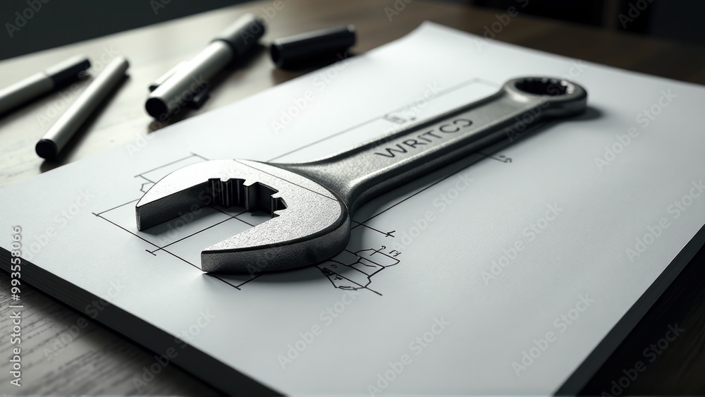 Wrench on Blueprint with Pens. Wrench on Blueprint with Pens.