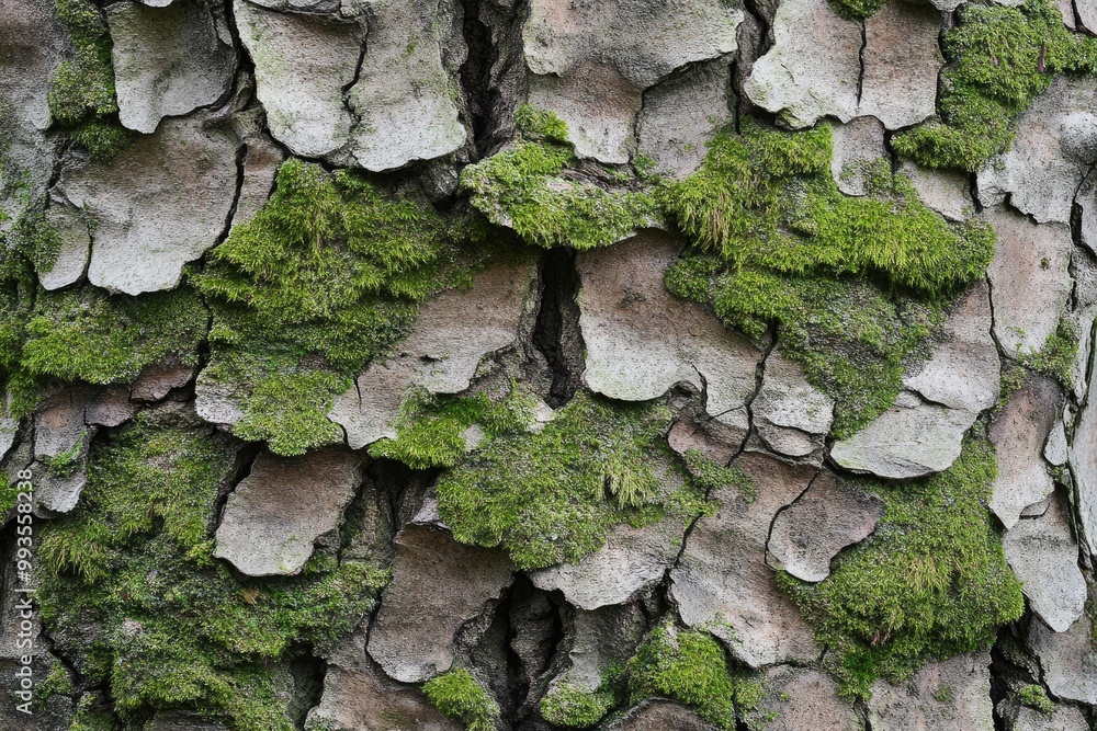 Moss covered tree bark texture with layers of green, brown, and grey intertwining naturally Moss covered tree bark texture with layers of green, brown, and grey intertwining naturally