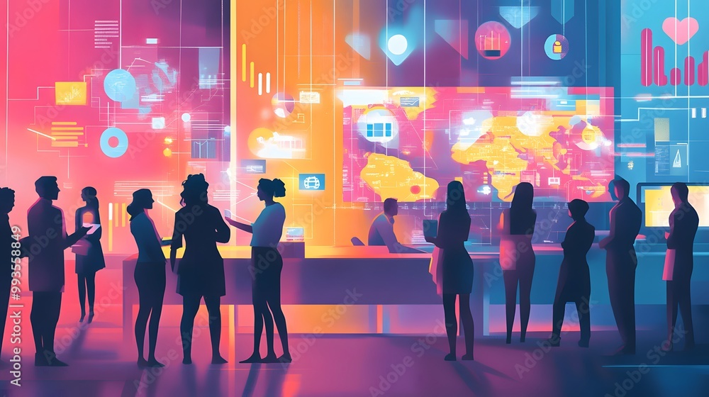 A vibrant illustration of diverse people working together in an open office, surrounded by digital screens displaying global maps A vibrant illustration of diverse people working together in an open office, surrounded by digital screens displaying global maps