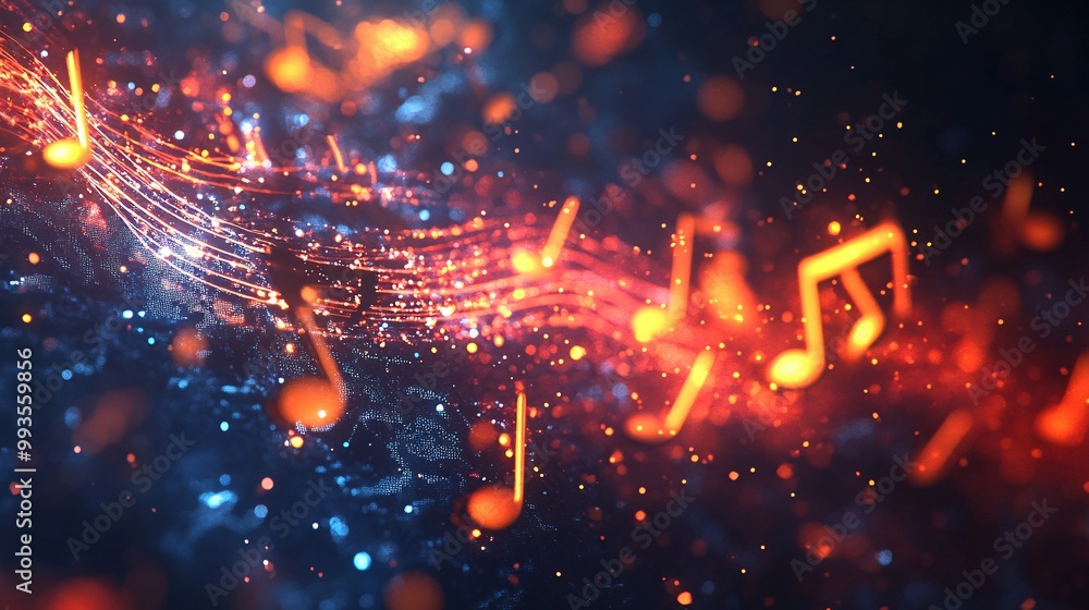 Obraz premium Ethereal Holographic 3D Music Notes Abstract Shape on Futuristic Background - Unique Sound Concept