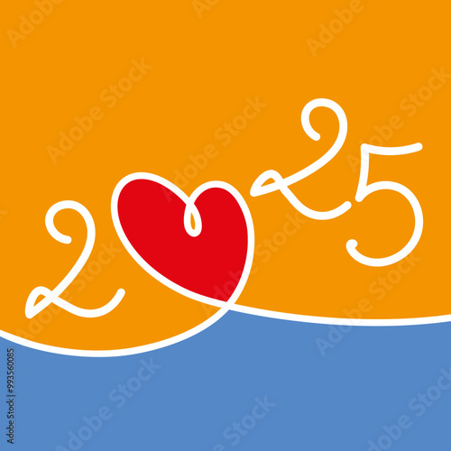 Carte de vœux 2025 sur le concept des rencontres et des relations amoureuses, symbolisé par un dessin au trait d’un coeur rouge sur fond coloré.