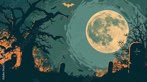 Flat lay Vector Illustration A poster for halloween with a full moon in the background, Happy Halloween