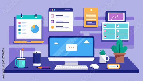 A vibrant illustration showcasing essentials for remote work, including gadgets and stationery.