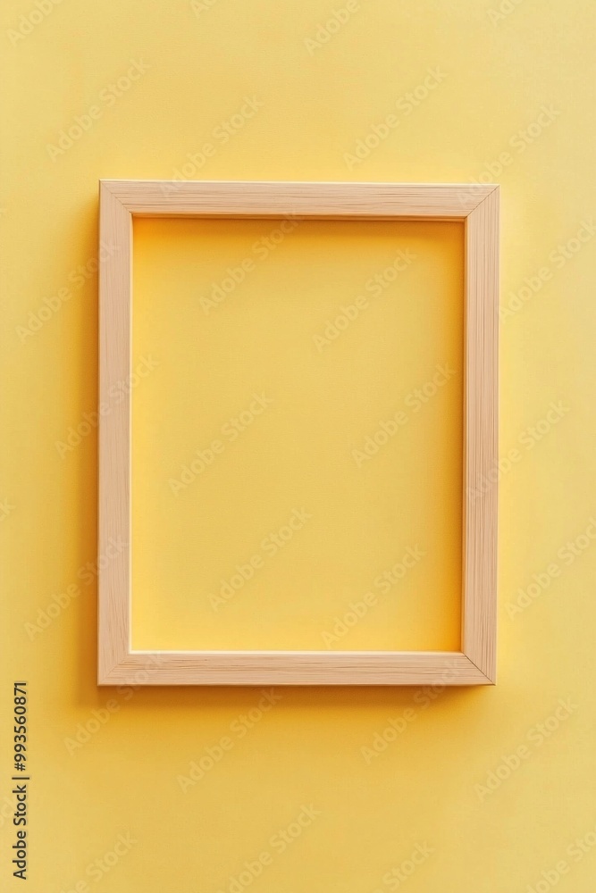 A pastel yellow background with a simple wooden frame in the center, its blankness contrasting the softness of the color. A pastel yellow background with a simple wooden frame in the center, its blankness contrasting the softness of the color.