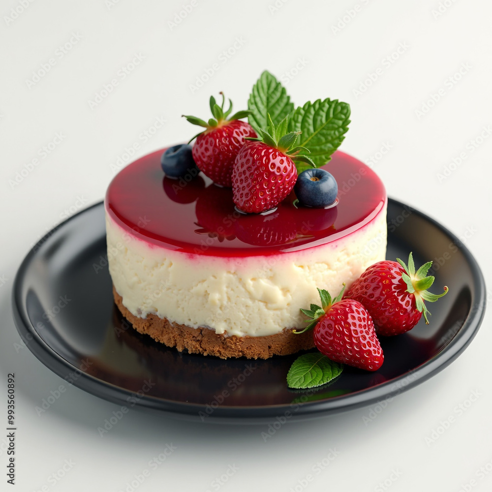 A cheesecake with berries and raspberries on a black plate with mint leaf A cheesecake with berries and raspberries on a black plate with mint leaf