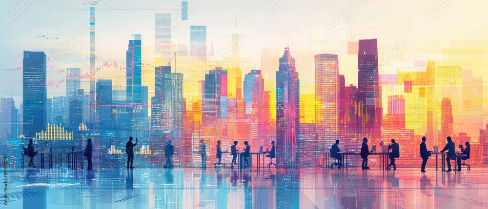 economic growth, City skyline with vibrant buildings, workers collaborating in an office, charts showing economic growth in the background economic growth, City skyline with vibrant buildings, workers collaborating in an office, charts showing economic growth in the background