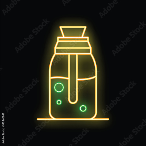 Glowing neon line icon of a french press coffee maker brewing a fresh cup of coffee isolated on a black background