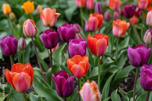 A vibrant mix of purple, orange, and pink tulips bloom in a lush green garden.