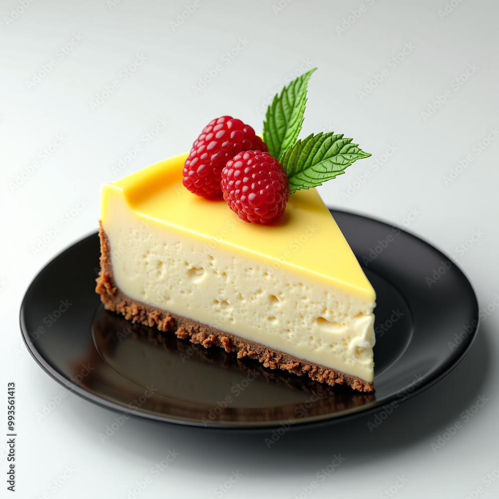 A slice of cheesecake with berries and raspberries on a plate with mint leaf A slice of cheesecake with berries and raspberries on a plate with mint leaf
