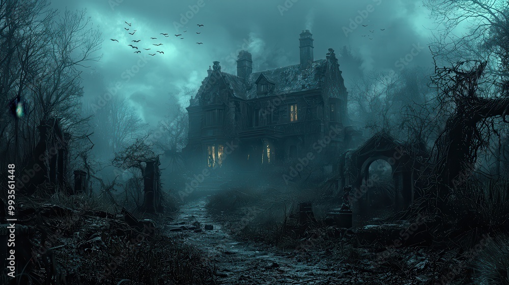 Haunted House Surrounded by Fog and Darkness Haunted House Surrounded by Fog and Darkness
