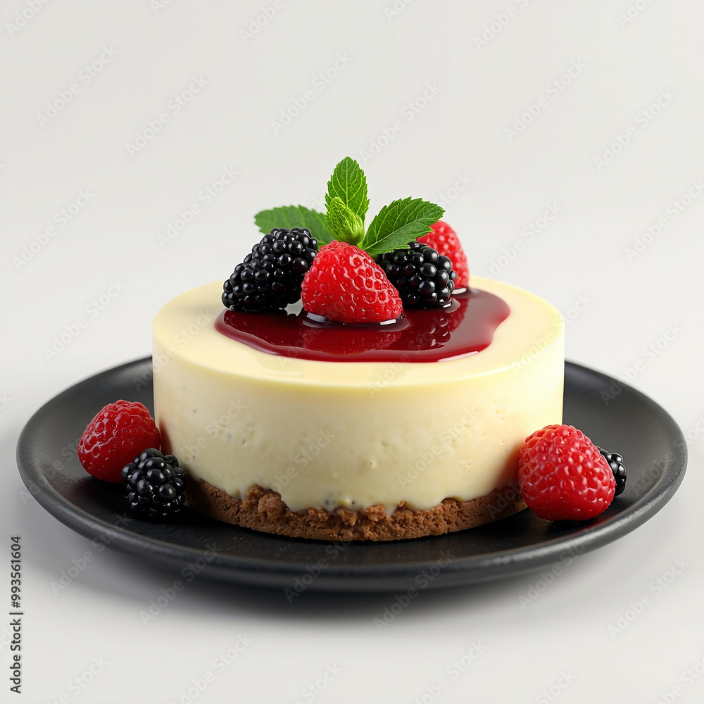A cheesecake with berries and raspberries on a black plate with mint leaf A cheesecake with berries and raspberries on a black plate with mint leaf