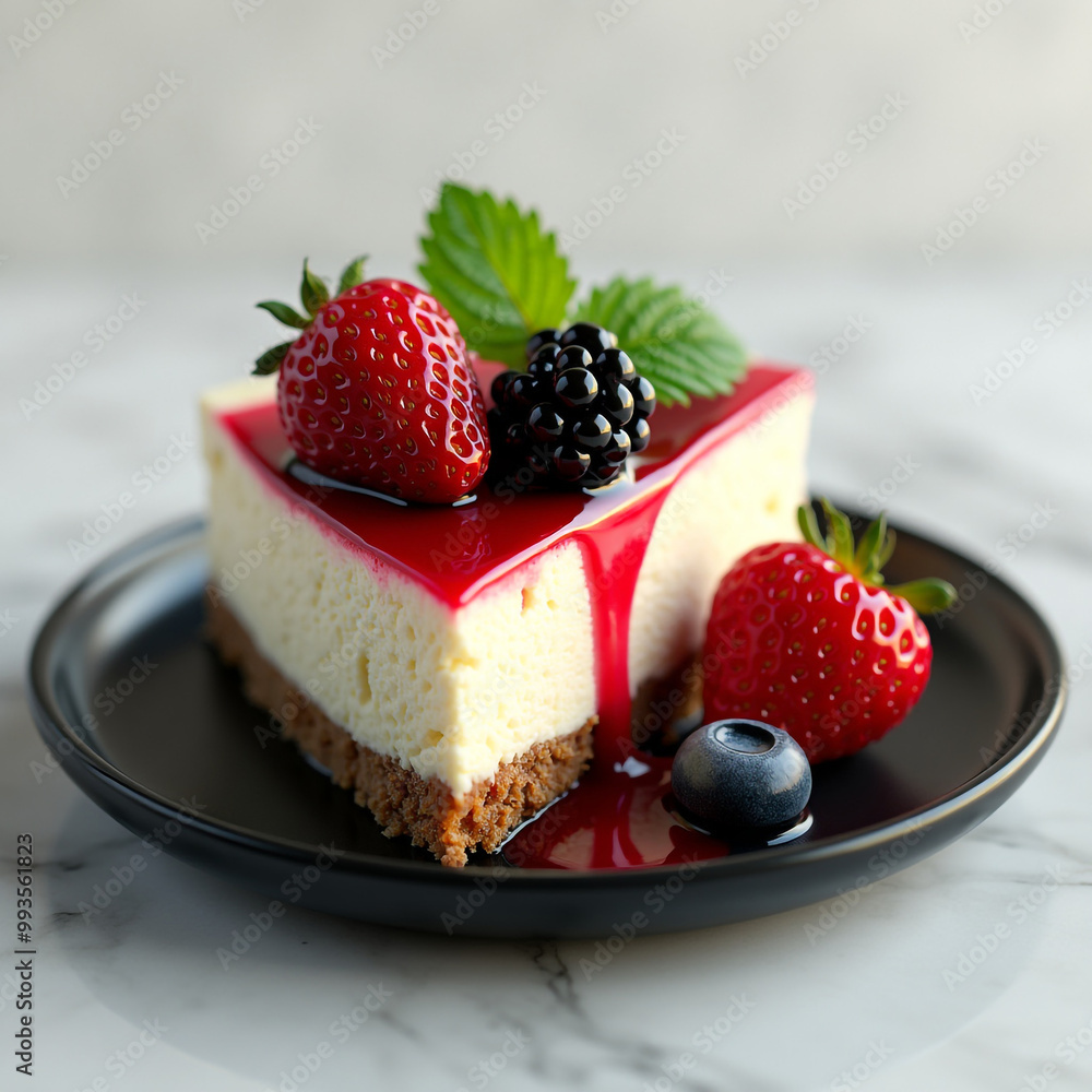 A slice of cheesecake with berries and raspberries on a plate with mint leaf A slice of cheesecake with berries and raspberries on a plate with mint leaf