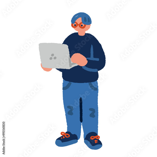 パソコンを使う男性のシンプルでフラットなイラスト
