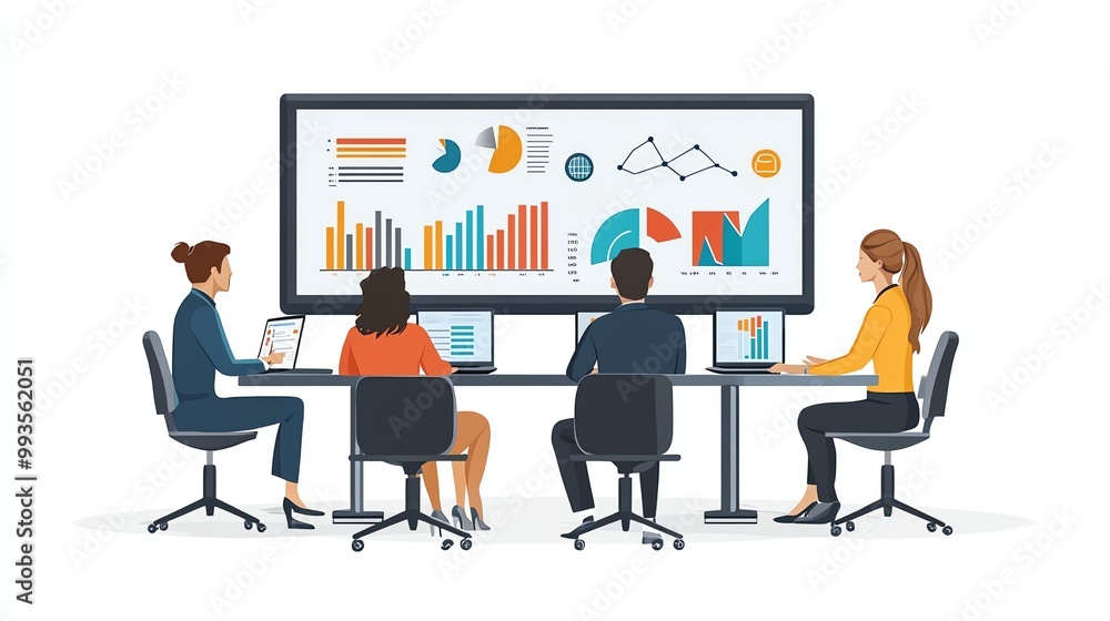 Fototapeta premium Strategic planning meeting, office environment, flat design with modern tech elements, isolated on white background