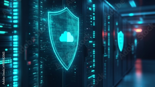 A digital shield of the future, set within a server room, showcasing cloud computing for software, cybersecurity, and IT storage.